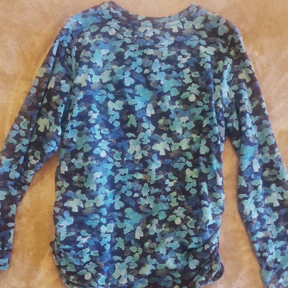 Denim & Co. Blue Multi Active French Terry Crew Neck Pullover Shirt, Size Large